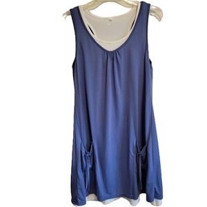 Women's blue with white layered tent dress with front pockets and tie detail S:M
